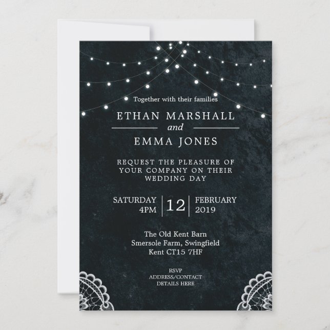 Black Blue Lace Light Wedding Invitation (Front)
