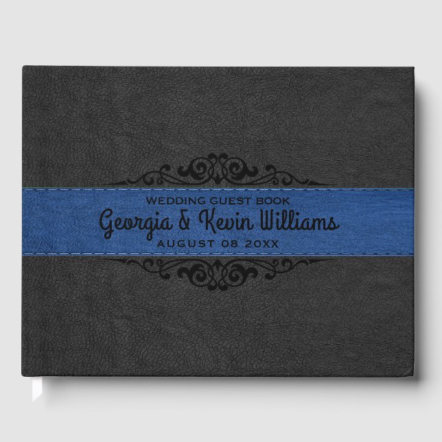 Black & Blue Leather Black Swirl Accent Guest Book (Front)