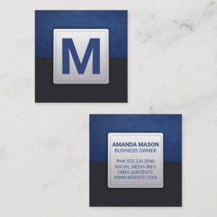 Black Blue Leather Monogram Square Business Card