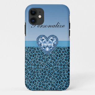 Black & Blue Leopard Print & Bling Heart iPhone 11 Case