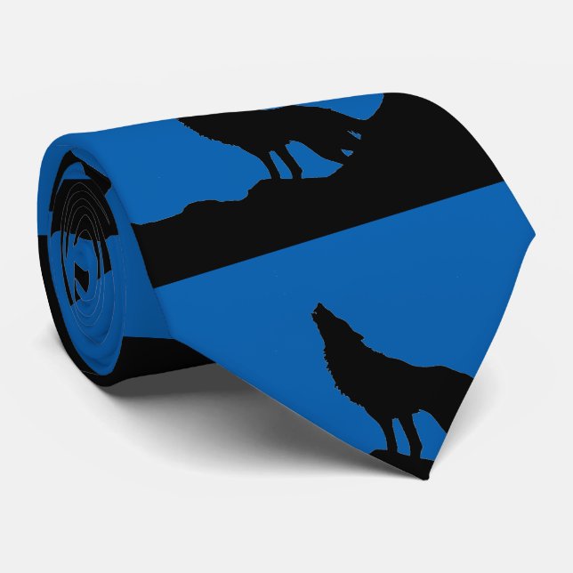 Black Blue Lone Wolf Standing on a Hill Silhouette Tie (Rolled)