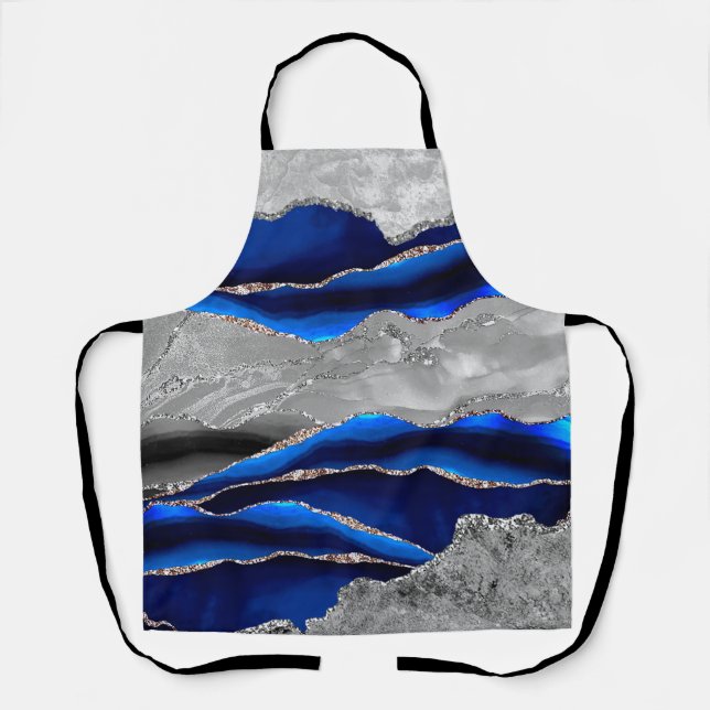 BLACK BLUE MARBLE AGATE GOLD GLITTER GLAM  APRON (Front)