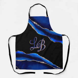 BLACK BLUE MARBLE AGATE GOLD GLITTER INITIAL APRON