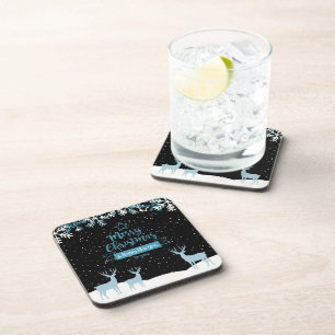Black Blue Merry Christmas Beverage Coaster
