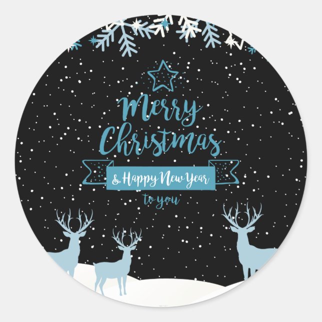 Black Blue Merry Christmas Clasic Round Sticker (Front)