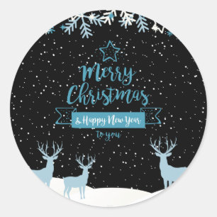 Black Blue Merry Christmas Clasic Round Sticker