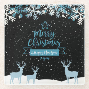 Black Blue Merry Christmas Glass Coaster
