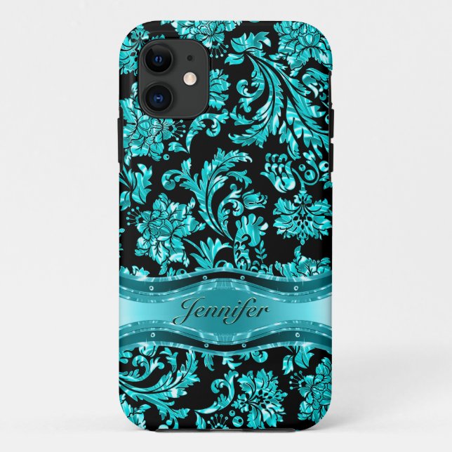 Black & Blue Metallic Floral Damasks-Customised Case-Mate iPhone Case (Back)