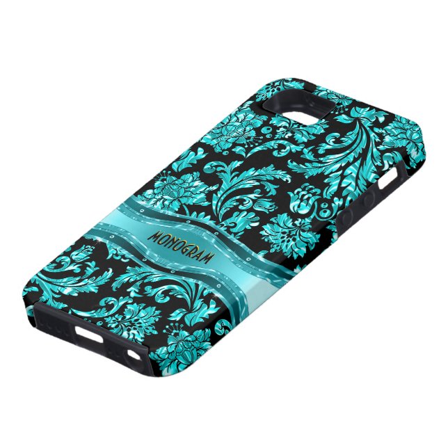 Black & Blue Metallic Floral Damasks-Customised Case-Mate iPhone Case (Bottom)