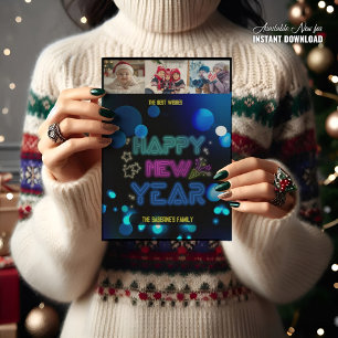 Black & Blue Midnight Sparkle Neon Glow New Year Card