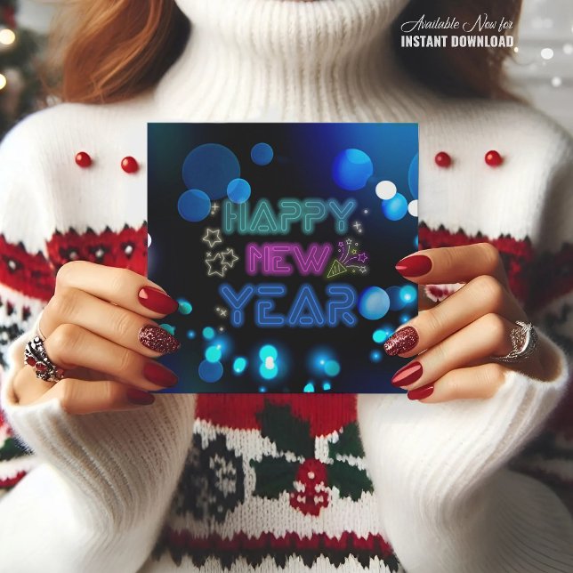 Black & Blue Midnight Sparkle Neon Glow New Year  Card (Creator Uploaded)