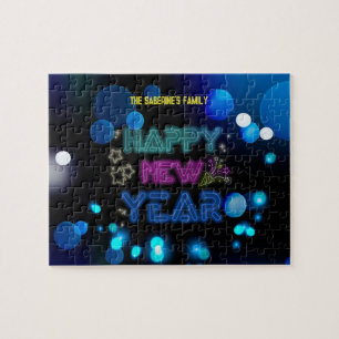 Black & Blue Midnight Sparkle Neon Glow New Year Jigsaw Puzzle