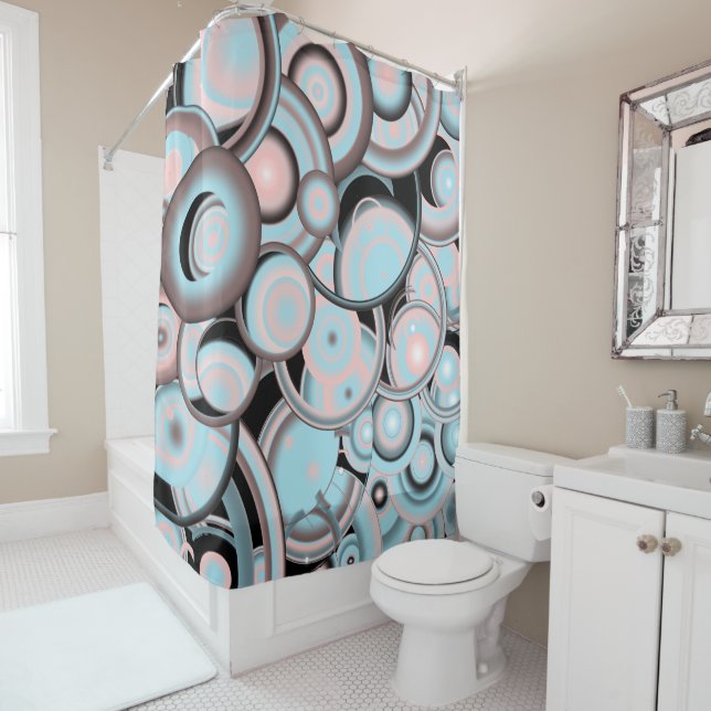 Black Blue Mocha Pink Gradient Concentric Circle Shower Curtain (In Situ)