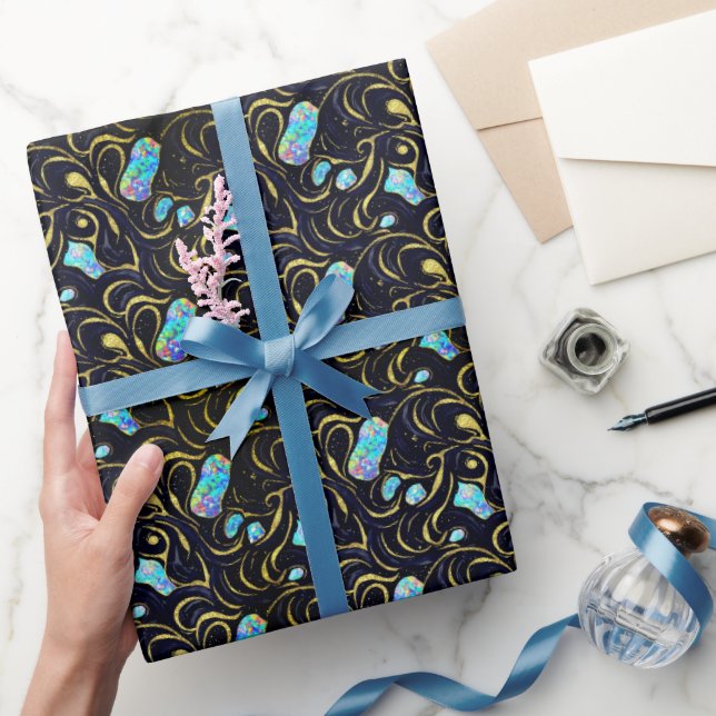 Black & Blue Modern Faux Gold & Opal Wrapping Paper (Gifting)