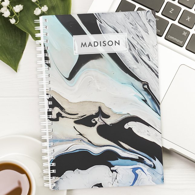 Black Blue Modern Liquid Ink Marble Personalised Planner (Creator Uploaded)