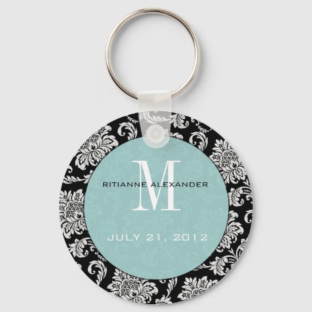 Black Blue Monogram Wedding Keychain (Front)