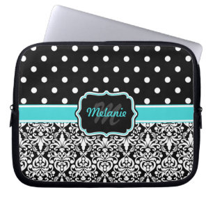 Black Blue Monogrammed Damask Polka Dot Laptop Sleeve