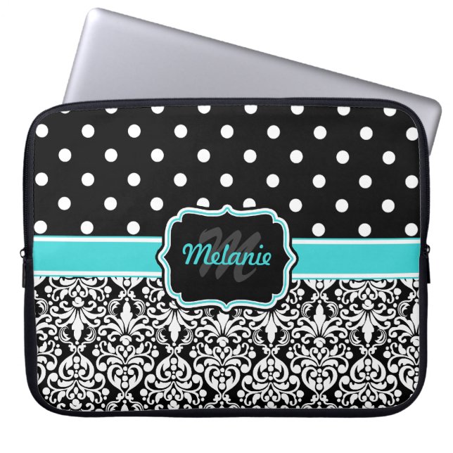 Black Blue Monogrammed Damask Polka Dot Laptop Sleeve (Front)