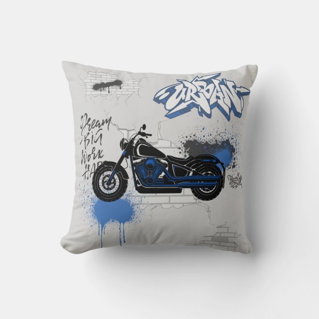Black & blue motorbike graffiti grey cushion (Front)