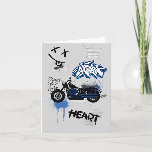 Black & blue motorbike graffiti grey invitation (Front)