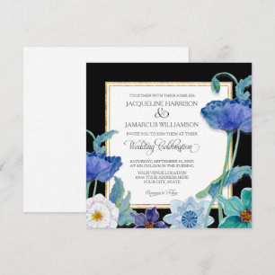 Black Blue n White Watercolor Floral Poppy Simple Invitation