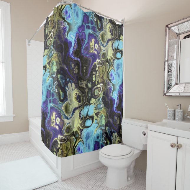 Black, blue, olive green abstract tie dye marble shower curtain (In Situ)