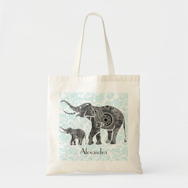 Black & Blue Ornate Swirls Elephant -Custom Tex Tote Bag (Front)