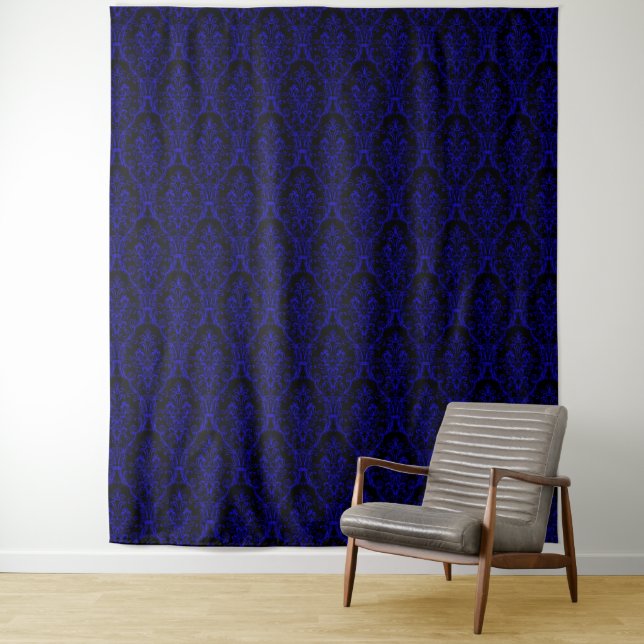 Black Blue Outline Damask Floral Elegant Backdrop Tapestry (In Situ)