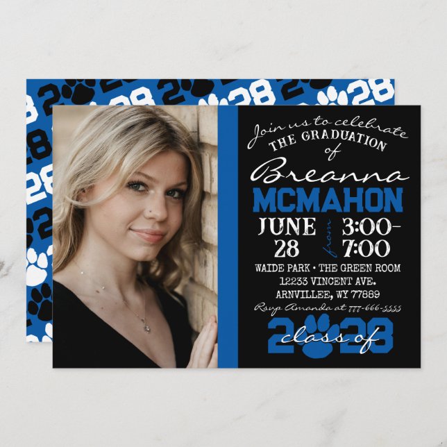 Black & Blue Paw Print Graduation Photo Invitation (Front/Back)