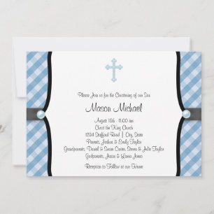 Black Blue Pearl Cross Blue Gingham Christening Invitation