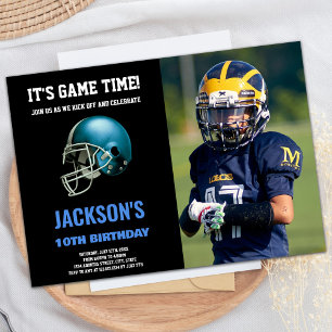 Black Blue Photo Football Birthday Invitations