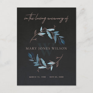 BLACK BLUE PINK FOLIAGE WREATH MEMORIAL THANK YOU INVITATION POSTCARD