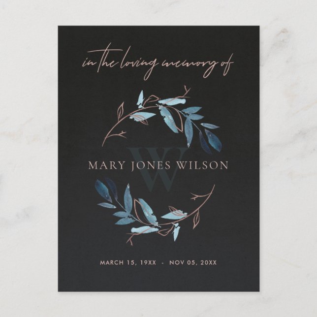 BLACK BLUE PINK FOLIAGE WREATH MEMORIAL THANK YOU INVITATION POSTCARD (Front)