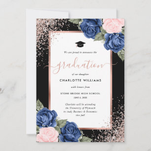 Black Blue Pink Rose Gold Floral Photo Graduation Announcement