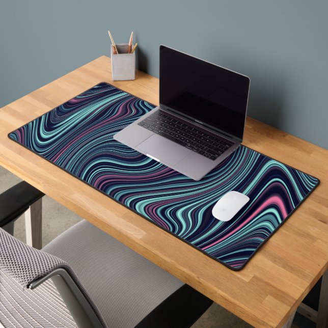 Black Blue Pink Wavy Marbling Agate Abstraction Desk Mat (Office 2)