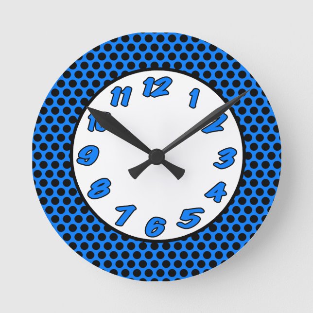 Black & Blue Polka Dots Round Clock (Front)