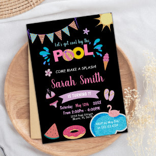 Black Blue Pool Birthday Invitations