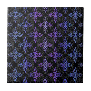 Black Blue Purple Double Damask Pattern Tile
