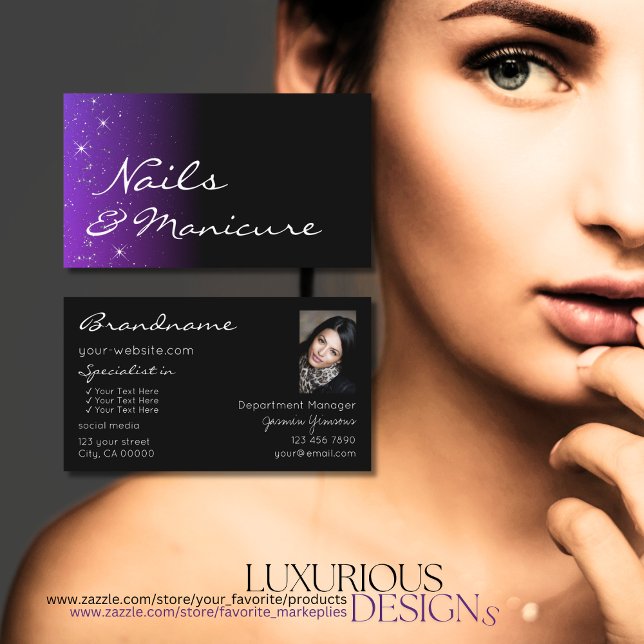 Black Blue Purple Glitter Stars with Photo Stylish Business Card (Creator Uploaded)