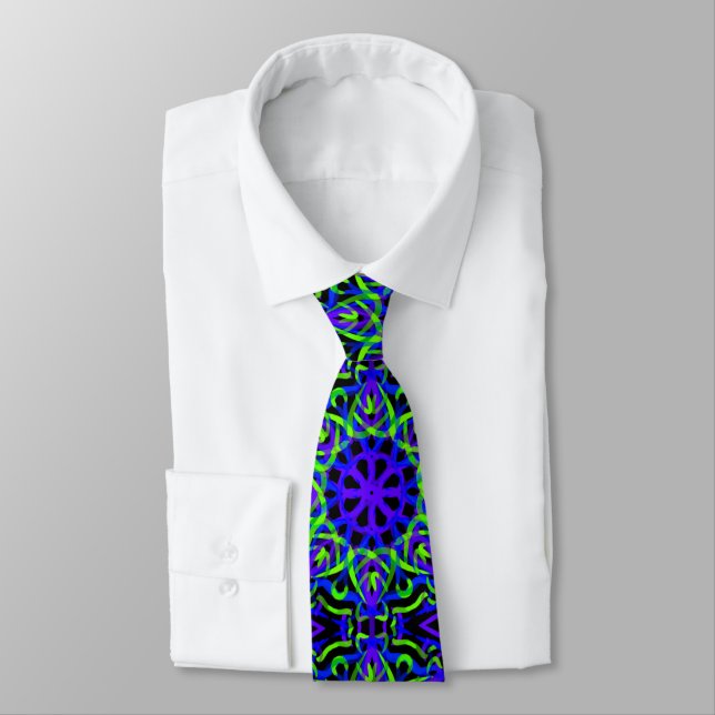 Black Blue Purple Lime Green Mechanical Drawing Tie (Tied)