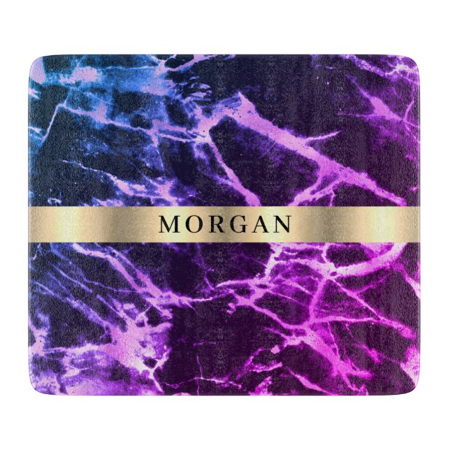 Black Blue & Purple Marble, Name on Gold Band Cutting Board (Front)