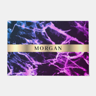 Black Blue & Purple Marble, Name on Gold Band Doormat