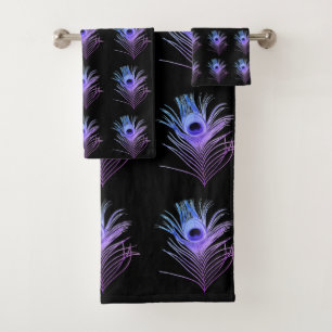 BLACK BLUE PURPLE PEACOCK FEATHER TOWEL SET