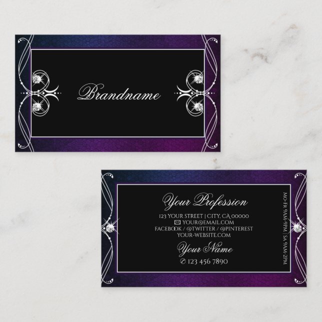 Black Blue Purple Sparkle Diamonds Ornate Ornament Business Card (Front/Back)