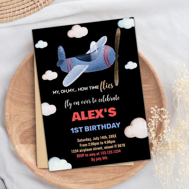 Black Blue Red Aeroplane Birthday Invitations (Black Blue Red Airplane Birthday Invitations)