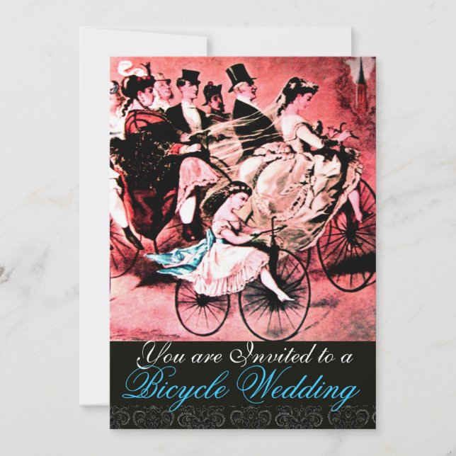 BLACK BLUE RED BICYCLE WEDDING DAMASK MONOGRAM, INVITATION (Front)