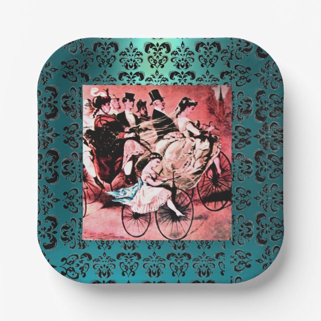 BLACK BLUE RED BICYCLE WEDDING PARTY PAPER PLATE (Front)