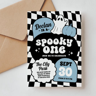 Black Blue Retro Chequered Spooky One 1st Birthday Invitation