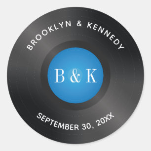 Black Blue Rock N Roll Monogram Name Vinyl Record Classic Round Sticker