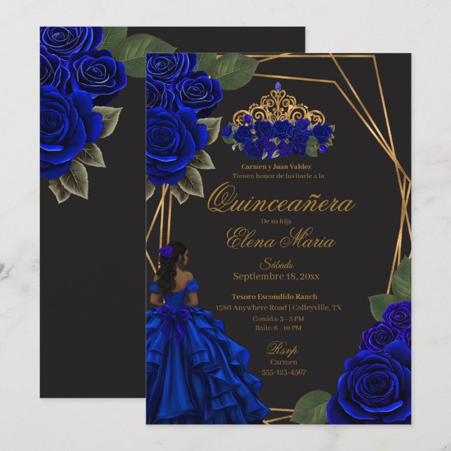 Black Blue Roses Gold Princess Quinceañera  Invitation (Front/Back)
